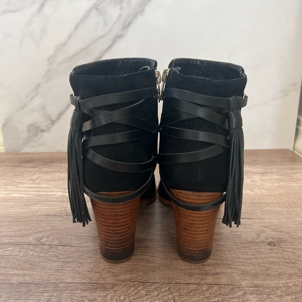 Marc Fisher Black Suede Heeled Booties With Fringe - image 3